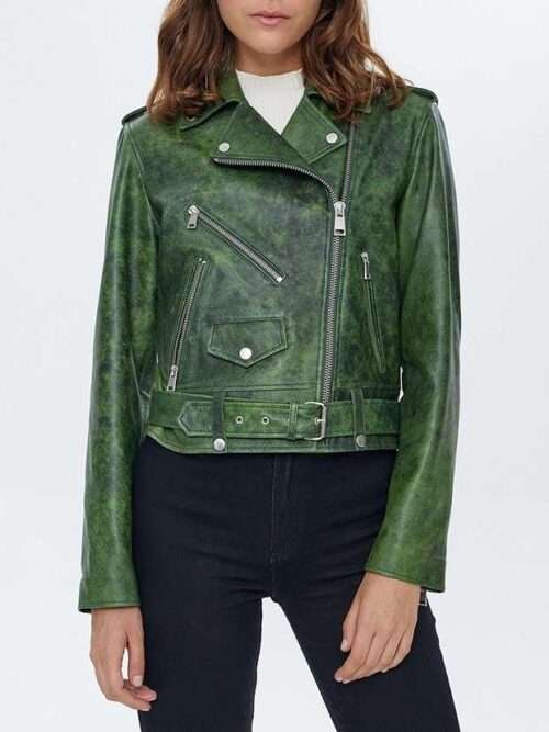 Caroline Waxed Green Brando Biker Leather Jacket for Women