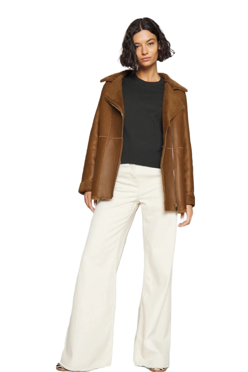 Lana Women Fashion Brown Aviator Brown Shearling Bomber Jacket - Image 3