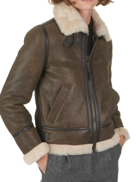 Clara Women Fashion Brown Aviator Real Shearling Bomber Jacket