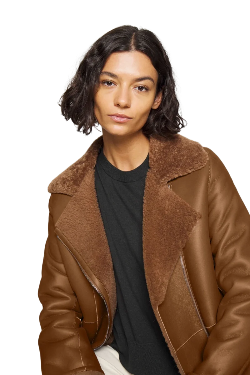 Lana Women Fashion Brown Aviator Brown Shearling Bomber Jacket - Image 2