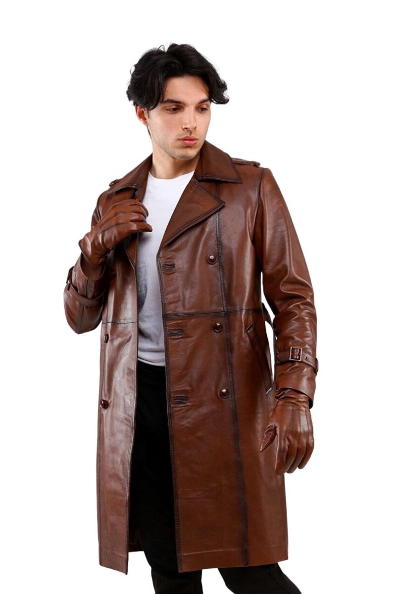 Frampton Gilles Waxed Brown Real Leather Trench Coat - Image 3