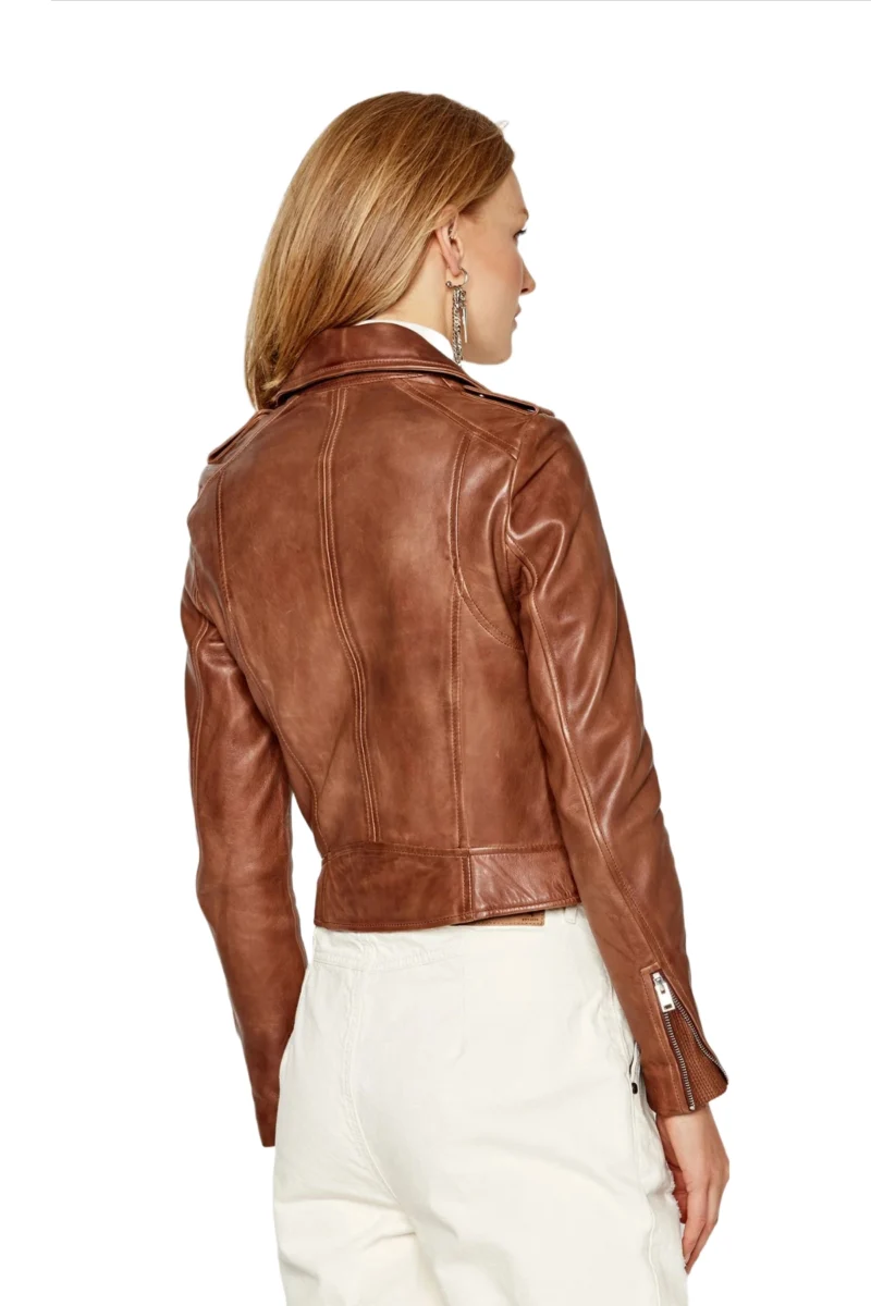 Elena Women Fashion Waxed Brown Short Moto Biker Leather Jacket - Image 5