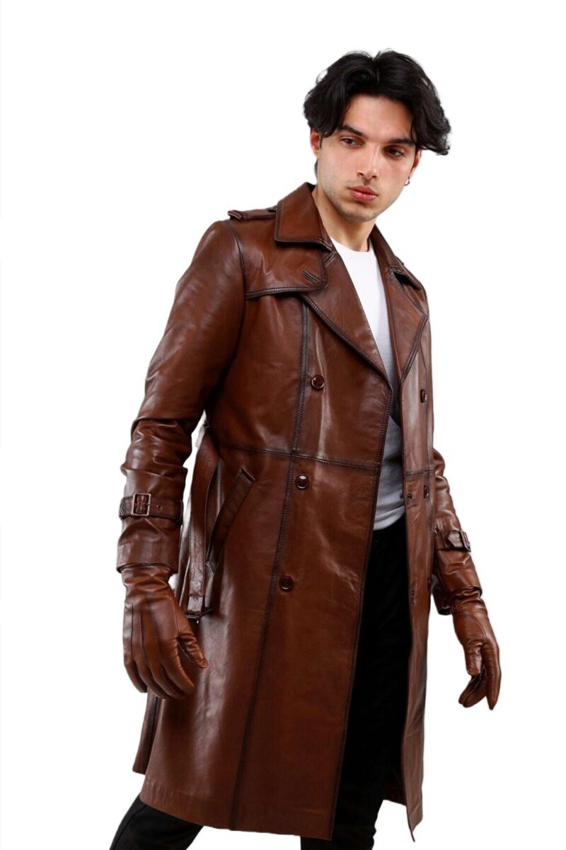 Frampton Gilles Waxed Brown Real Leather Trench Coat - Image 2