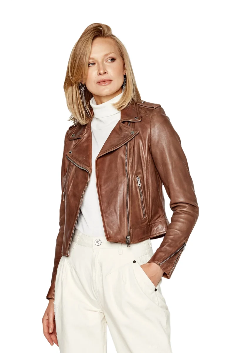 Elena Women Fashion Waxed Brown Short Moto Biker Leather Jacket - Image 2