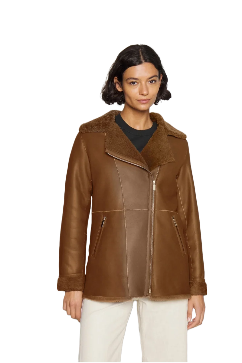 Lana Women Fashion Brown Aviator Brown Shearling Bomber Jacket