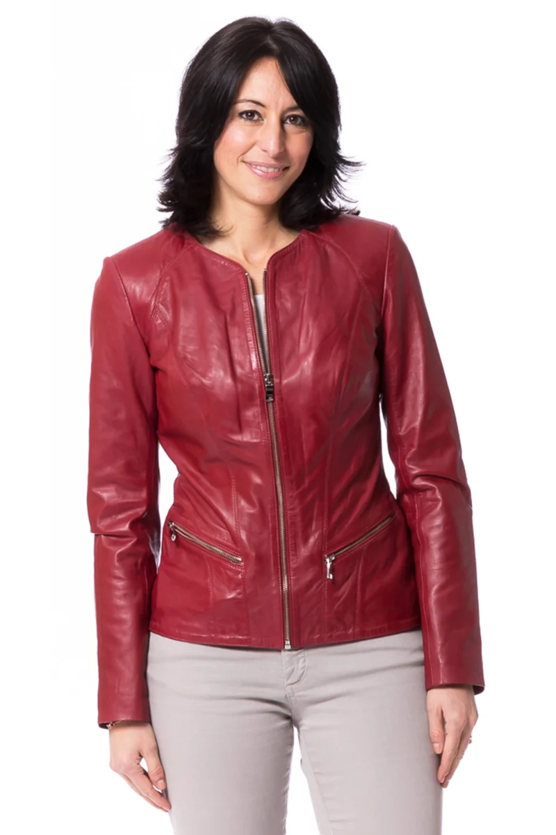 Kim Krupa Red Collarless Women Cafe Racer Leather Jacket