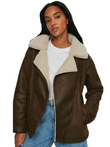 Inguna Women Fashion Grayish Brown Aviator White Real Shearling Bomber Jacket