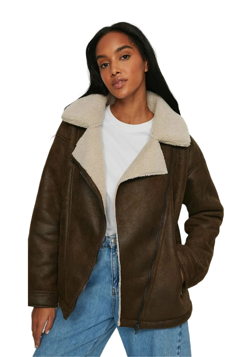 Inguna Women Fashion Grayish Brown Aviator White Real Shearling Bomber Jacket