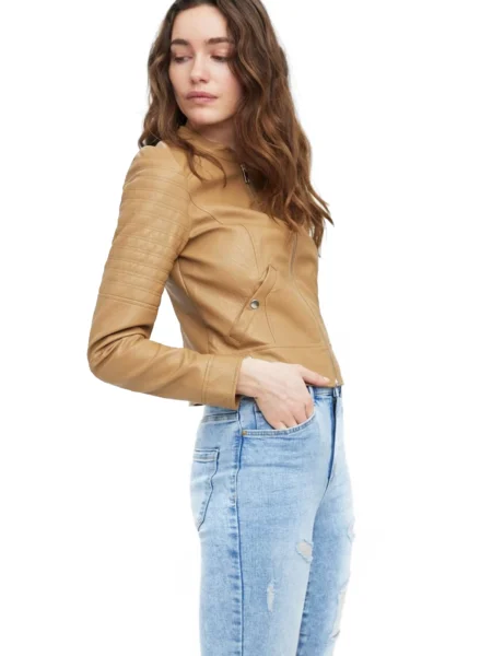 Odette Women Tan Brown Motorcycle Biker Leather Jacket