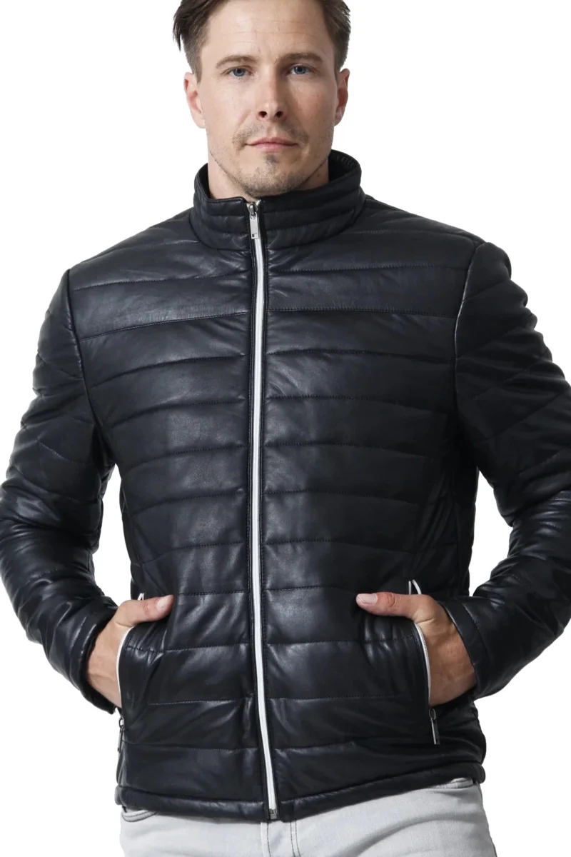 Jason Shah Genuine Black Leather Mens Puffer Jacket - Image 4