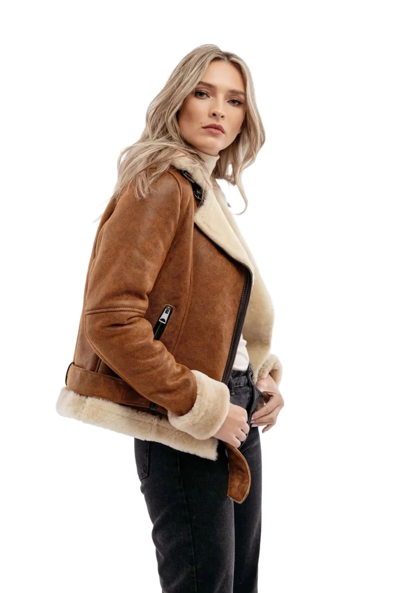 Dace Women Fashion Waxed Brown Aviator Bomber Leather Jacket - Image 5