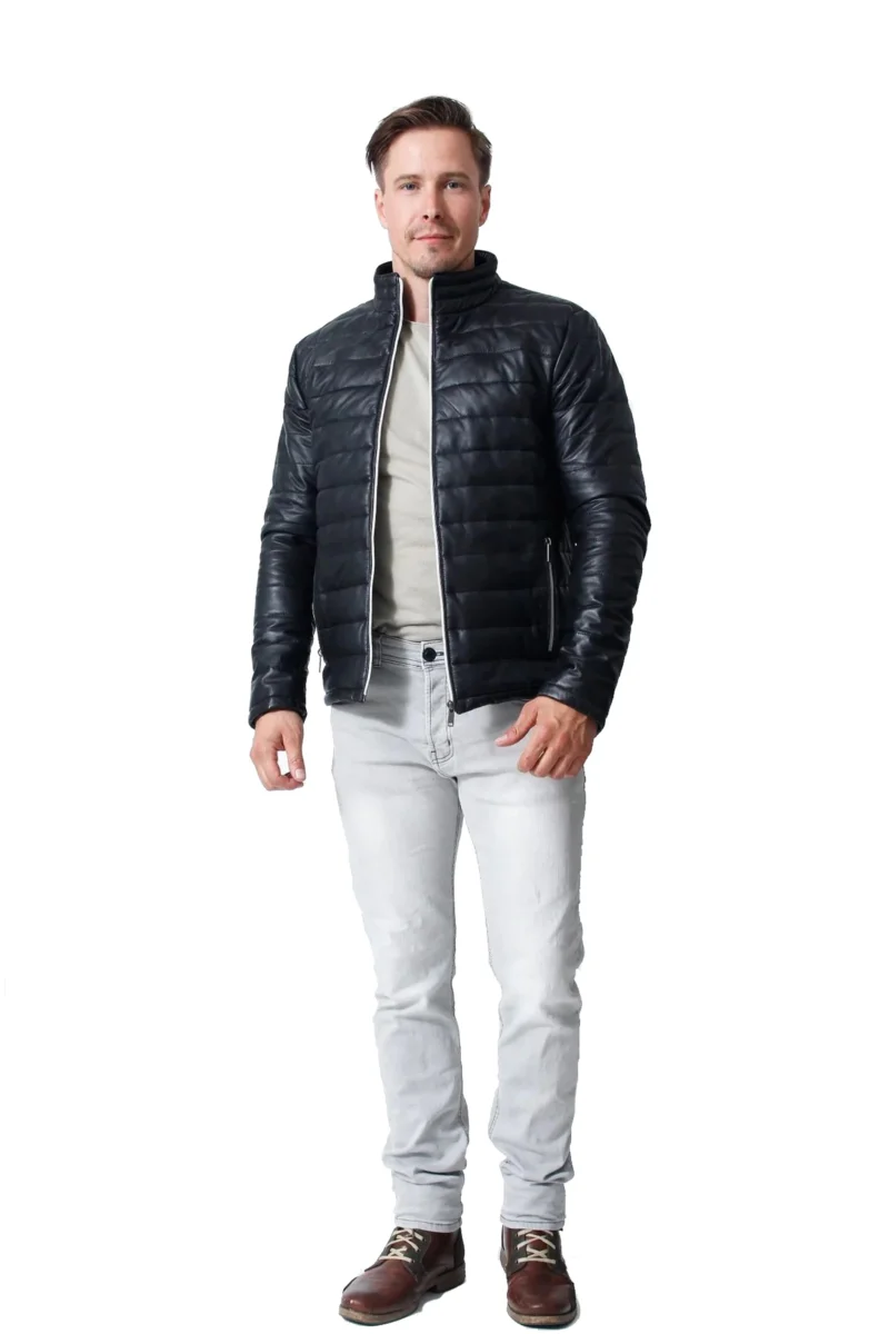 Jason Shah Genuine Black Leather Mens Puffer Jacket - Image 3