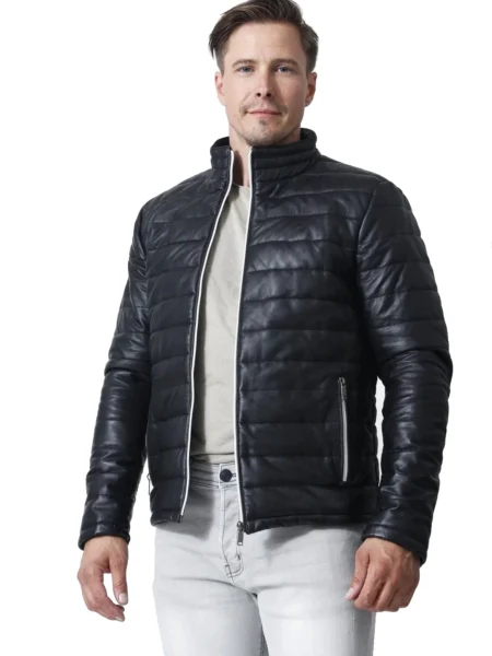 Jason Shah Genuine Black Leather Mens Puffer Jacket