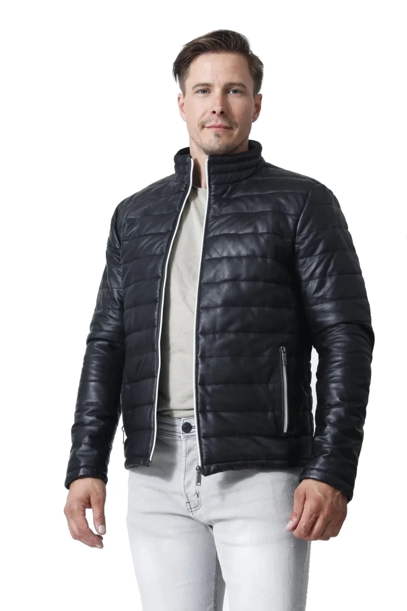 Jason Shah Genuine Black Leather Mens Puffer Jacket