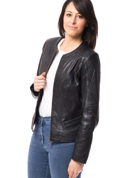 Kim Krupa Women Black Collarless Women Cafe Racer Leather Jacket