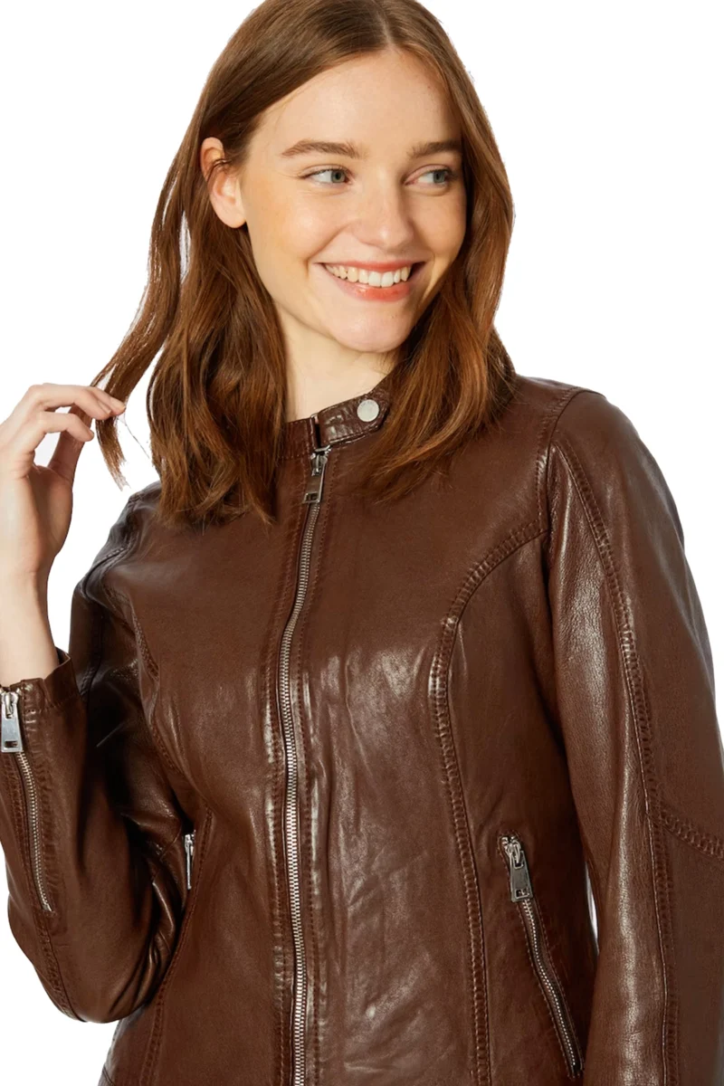 Molly Romijn Dark Brown Waxed Cafe Racer Biker Leather Jacket - Image 2