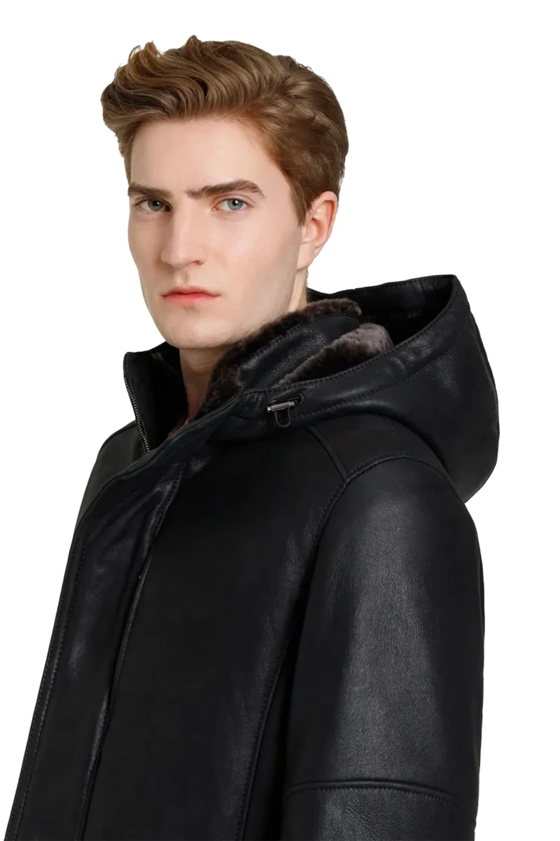 Roger Souteyrand Black New Style Hip Length Shearling Coat with Classical Hoodie - Image 2