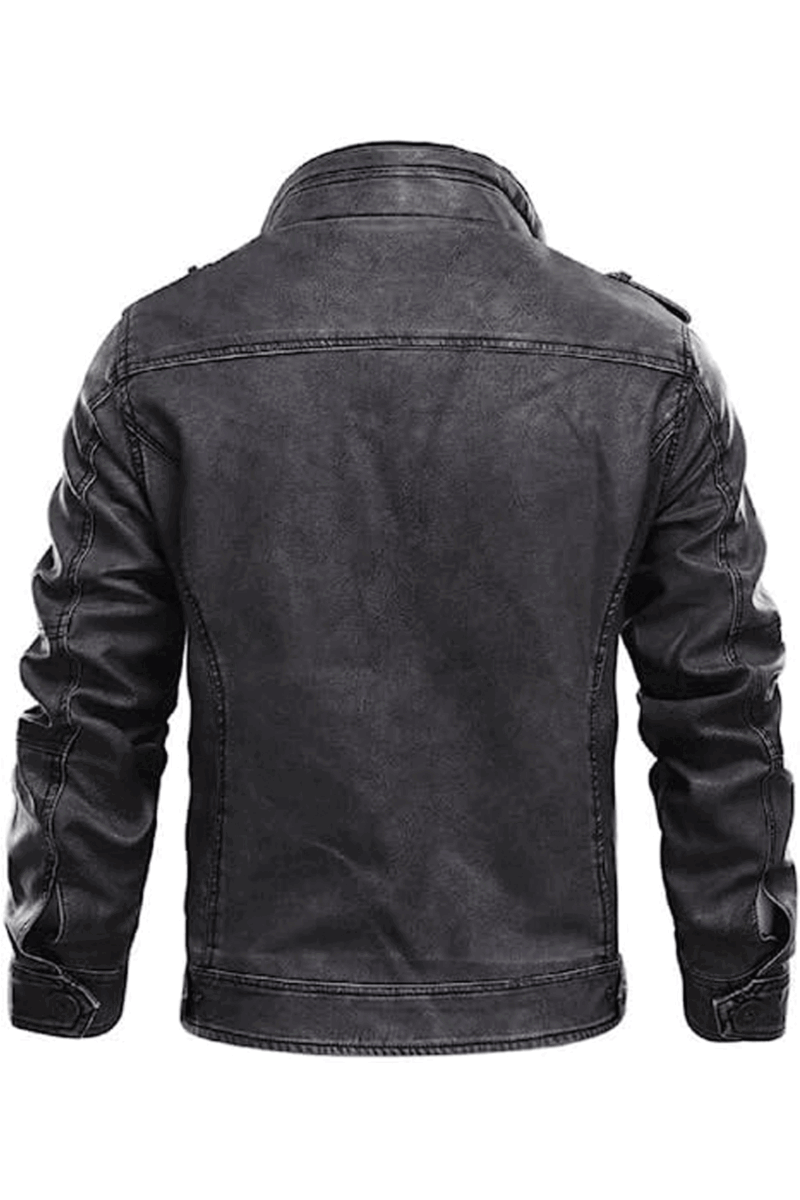 Men Distressed Grey Cafe Racer Leather Jacket - Image 3