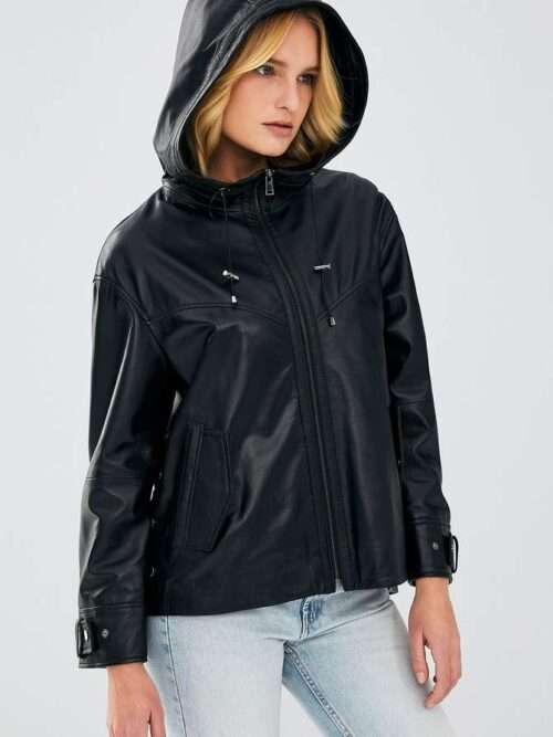 Martha Hooded Black Leather Jacket for Women