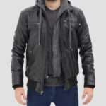 German Hooded Bomber Black Leather Jacket