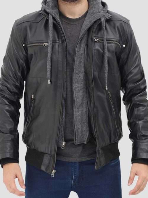 German Hooded Bomber Black Leather Jacket for Men