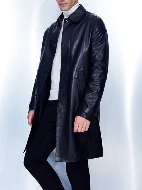 Di Nero Black Leather Trench Coat For Men