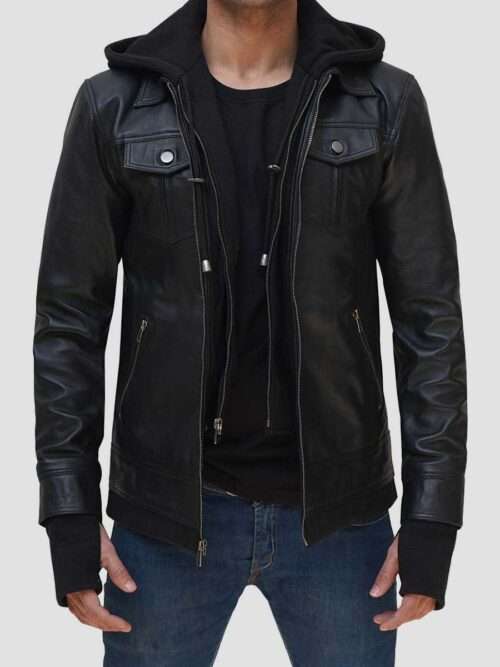 Justin Bomber Hooded Black Leather Jacket for Men