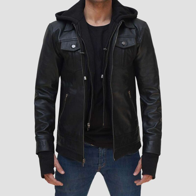 Justin Bomber Hooded Black Leather Jacket for Men