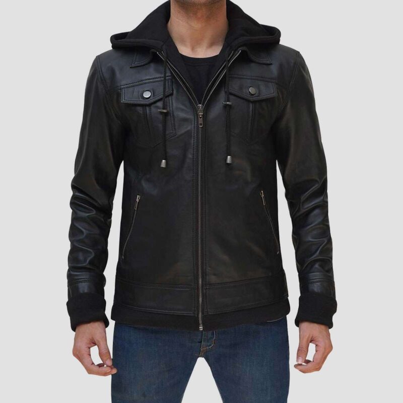 Justin Bomber Hooded Black Leather Jacket for Men