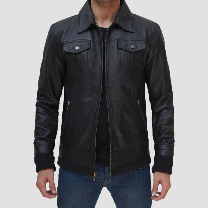 Justin Bomber Hooded Black Leather Jacket for Men