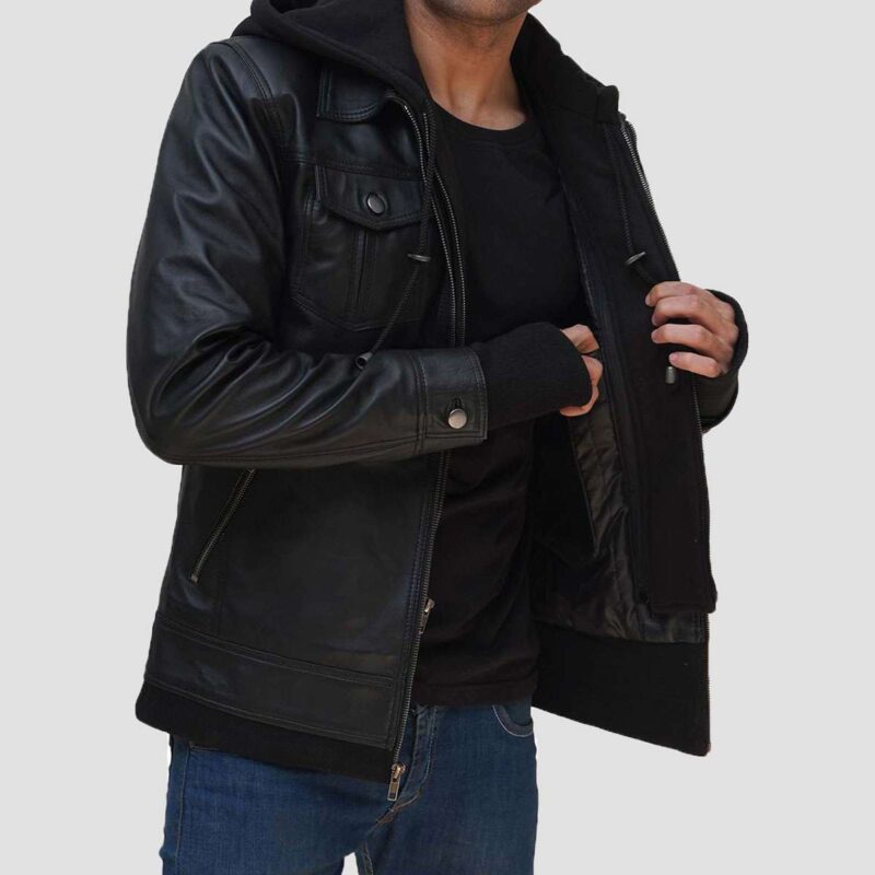 Justin Bomber Hooded Black Leather Jacket for Men