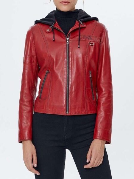 Sofia Hooded Red Leather Jacket for Women