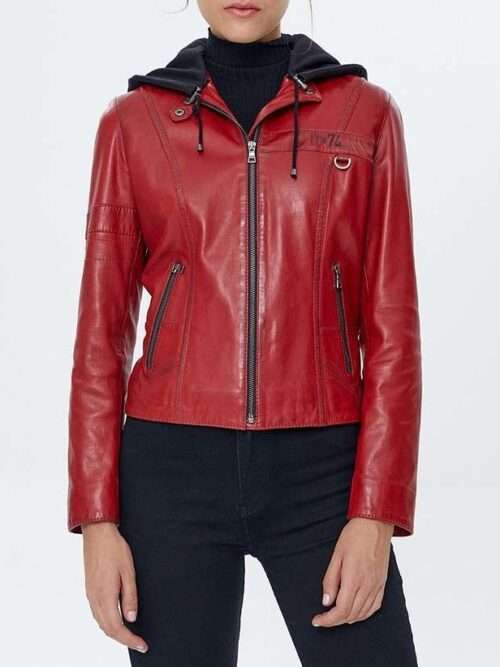 Hooded Red Leather Jacket for Women