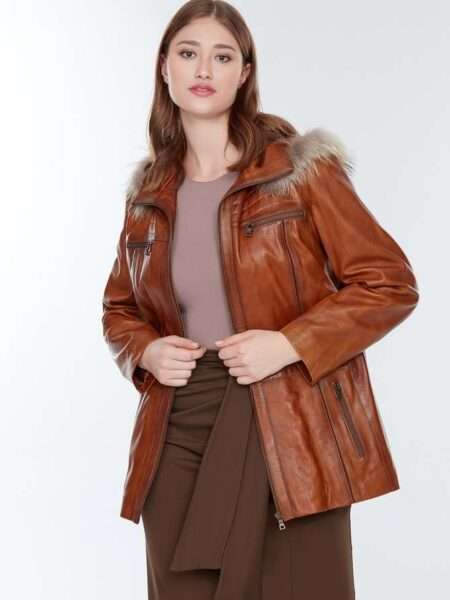 Veronica Womens Plus Size Leather Jacket Brown Trench Coat with Hood