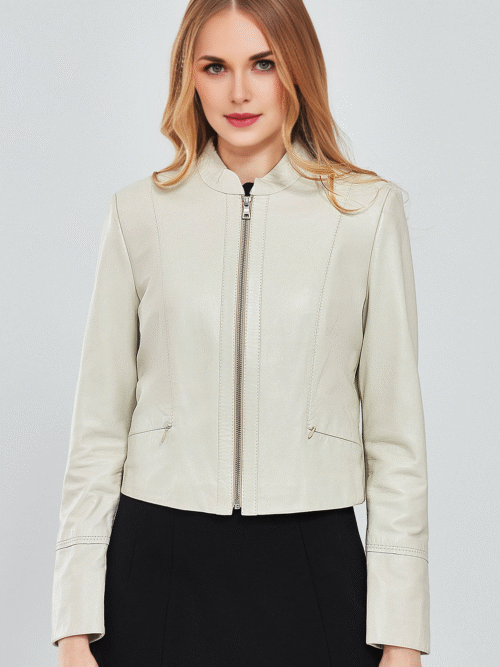 Women's Biege Short Leather Jacket