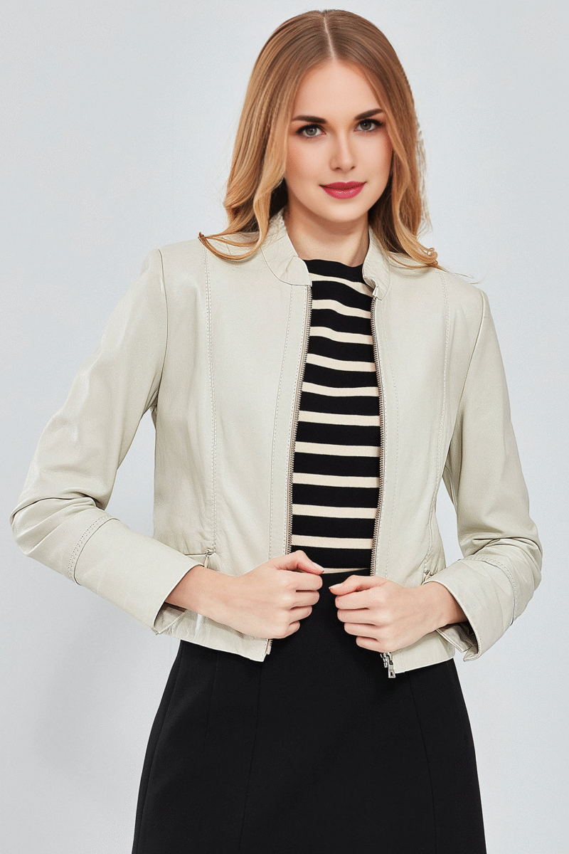 Viola Women's Biege Short Leather Jacket - Image 2