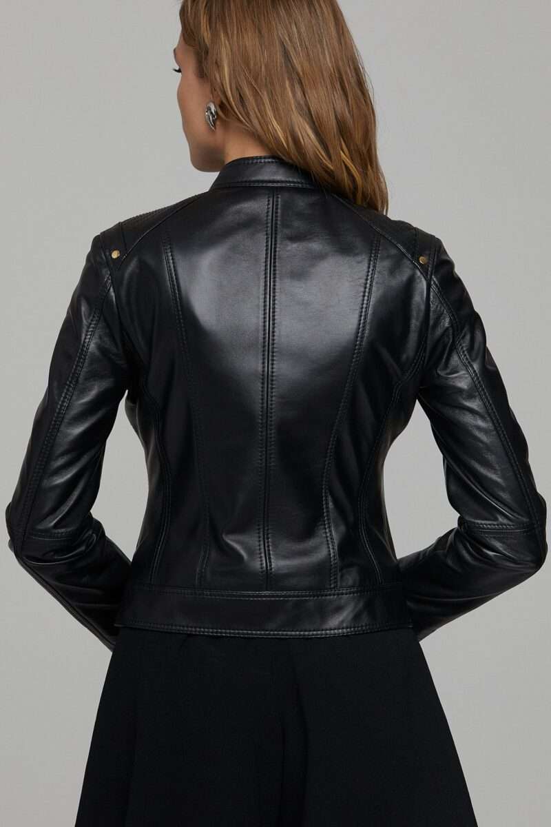 Women's Black Short Leather Jacket - Image 3