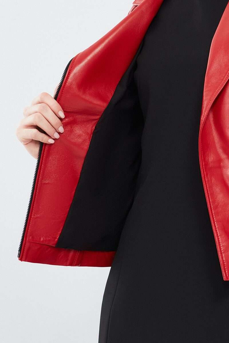 Kiara Women's Red Slim-Fit Biker Leather Jacket - Image 2