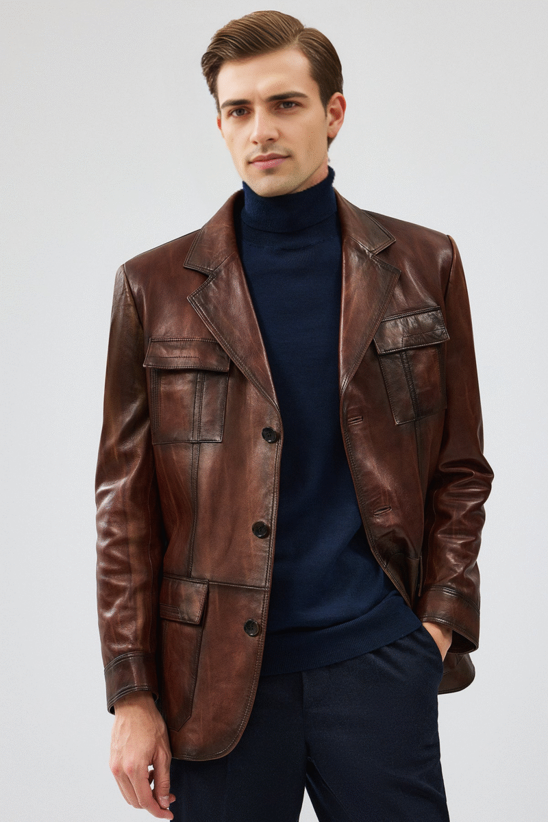 Kevin Men's Brown Blazer Leather Jacket - Image 3