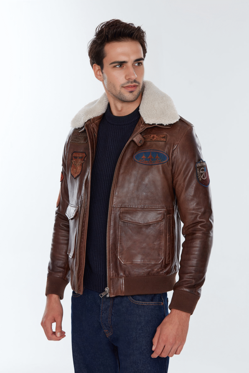 Maverick Men's Brown Fur Collar Pilot Leather Jacket with Emblem - Image 2