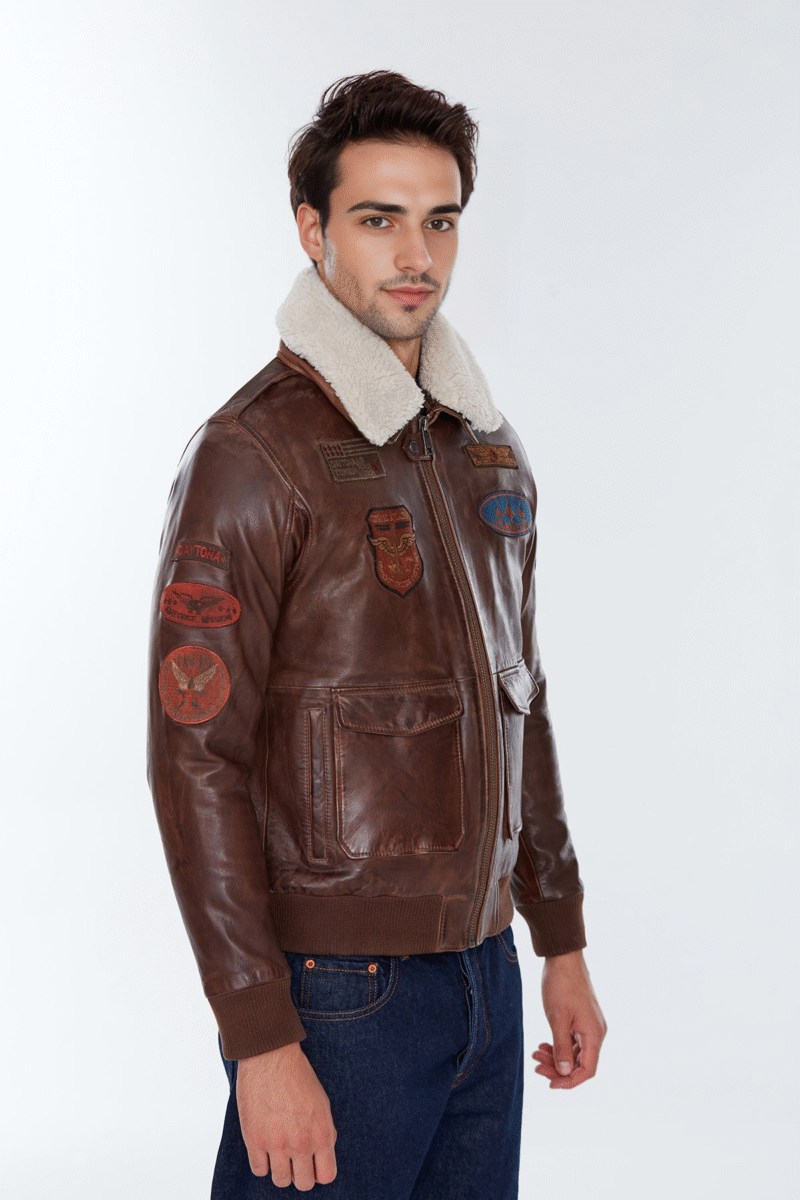 Maverick Men's Brown Fur Collar Pilot Leather Jacket with Emblem - Image 5