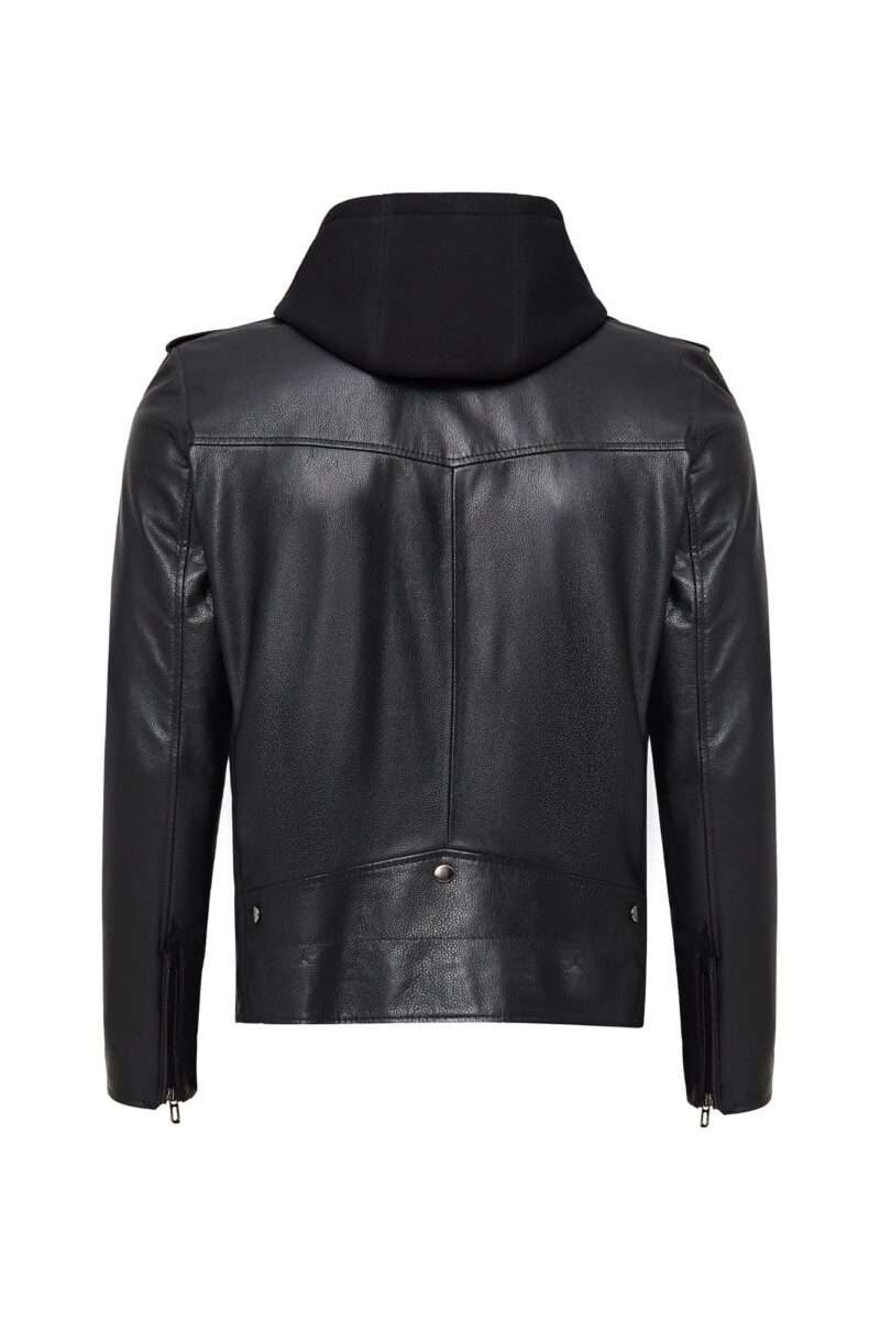 Butler Men's Black Hooded Biker Leather Jacket - Image 2