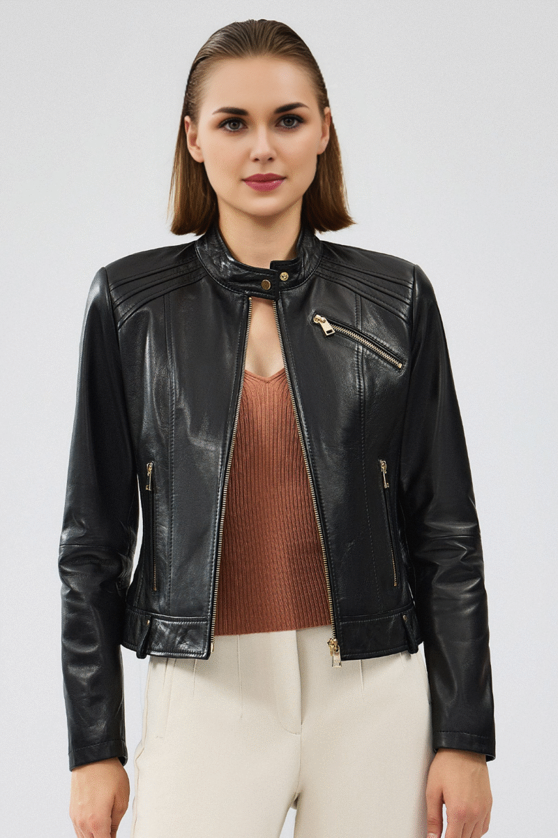 Heidi Women's Black Short Leather Jacket - Image 3