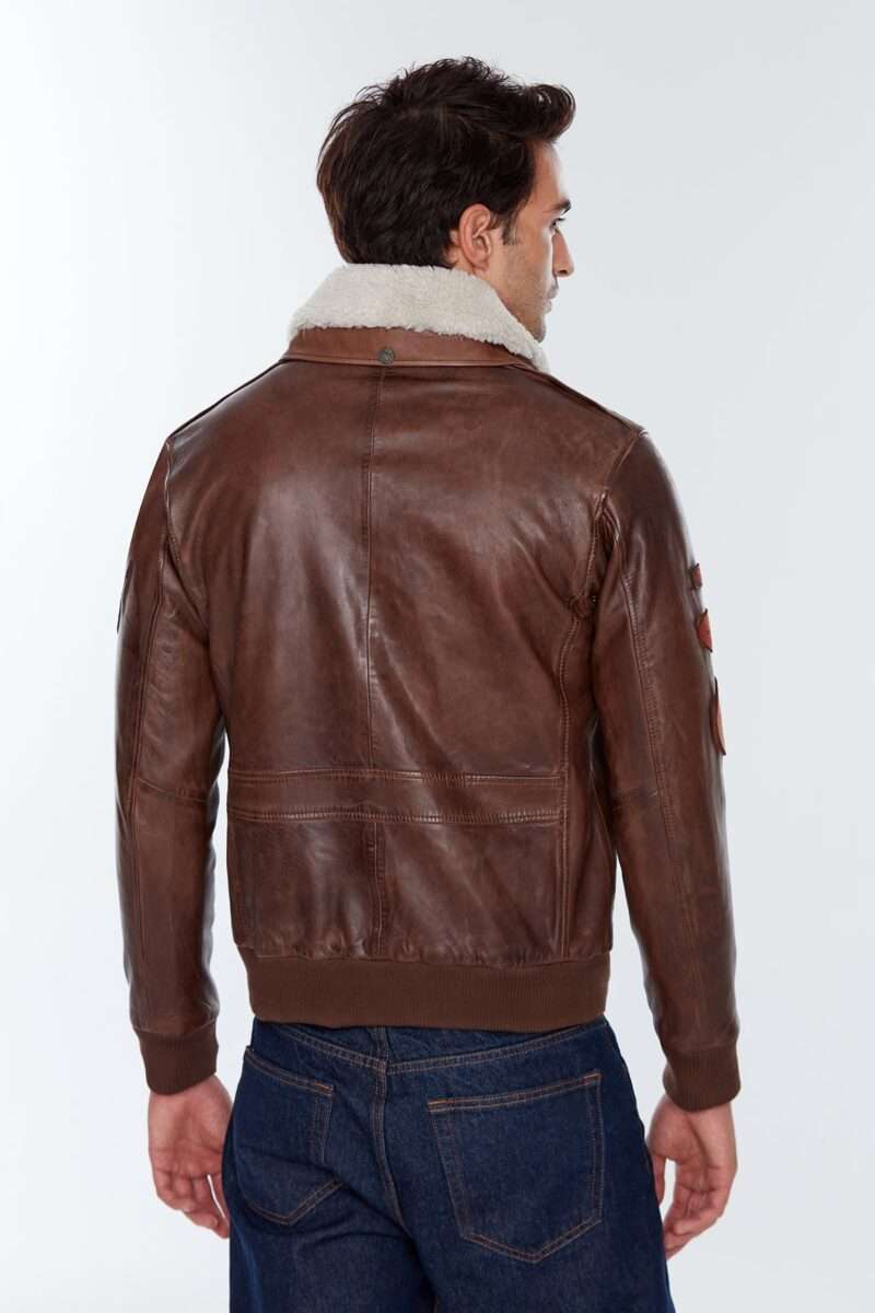 Maverick Men's Brown Fur Collar Pilot Leather Jacket with Emblem - Image 3