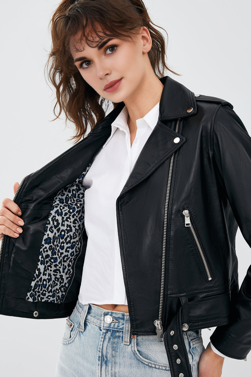 Newage Women's Black Slim-Fit Biker Leather Jacket - Image 4