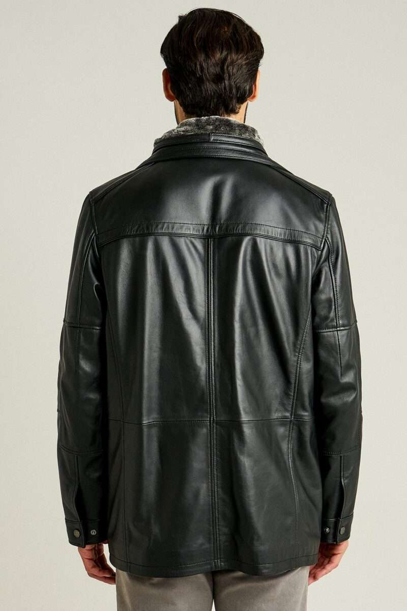 Eduardo Men's Black Double Collar Furry Leather Coat - Image 2