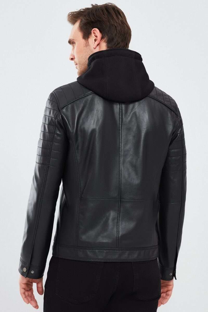 Sergio Men's Black Hooded Sports Leather Jacket - Image 4