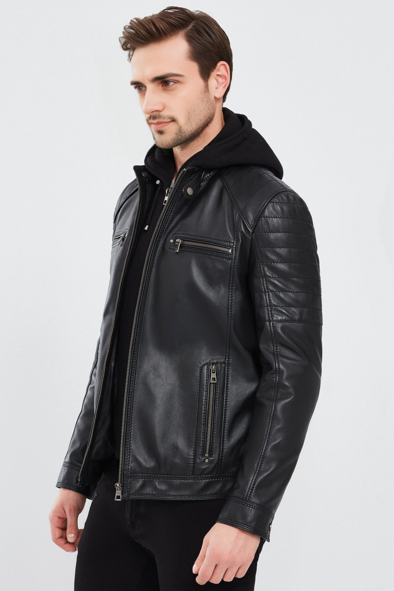 Sergio Men's Black Hooded Sports Leather Jacket - Image 5
