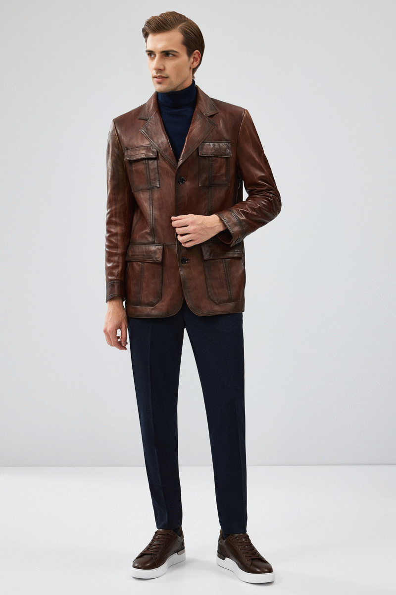 Kevin Men's Brown Blazer Leather Jacket - Image 4