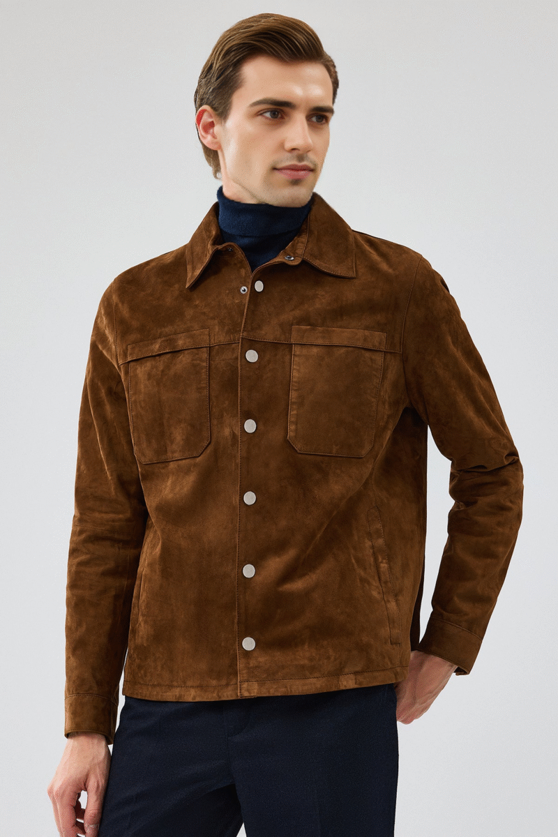 Enzo Men's Brown Shirt Collar Suede Leather Coat - Image 2